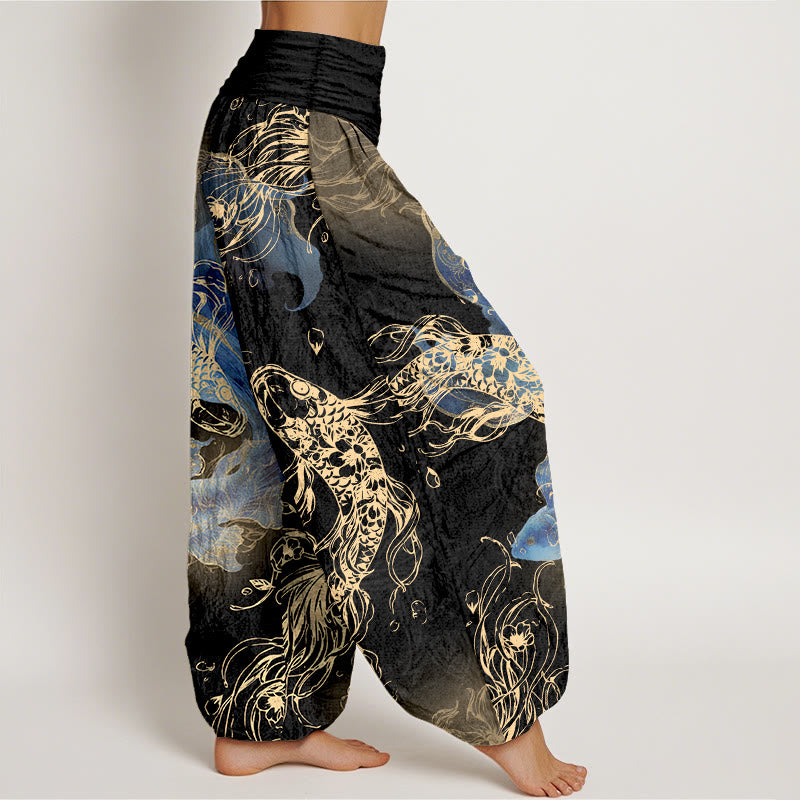 Pantaloni harem da donna con elastico in vita e motivo a pesci koi vivaci in puro cotone Buddha Stones - image 7