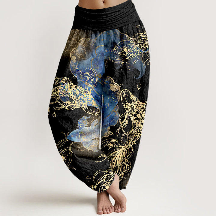 Pantaloni harem da donna con elastico in vita e motivo a pesci koi vivaci in puro cotone Buddha Stones - Nero - US16, UK/AU20, EU48 (3XL) - image 5