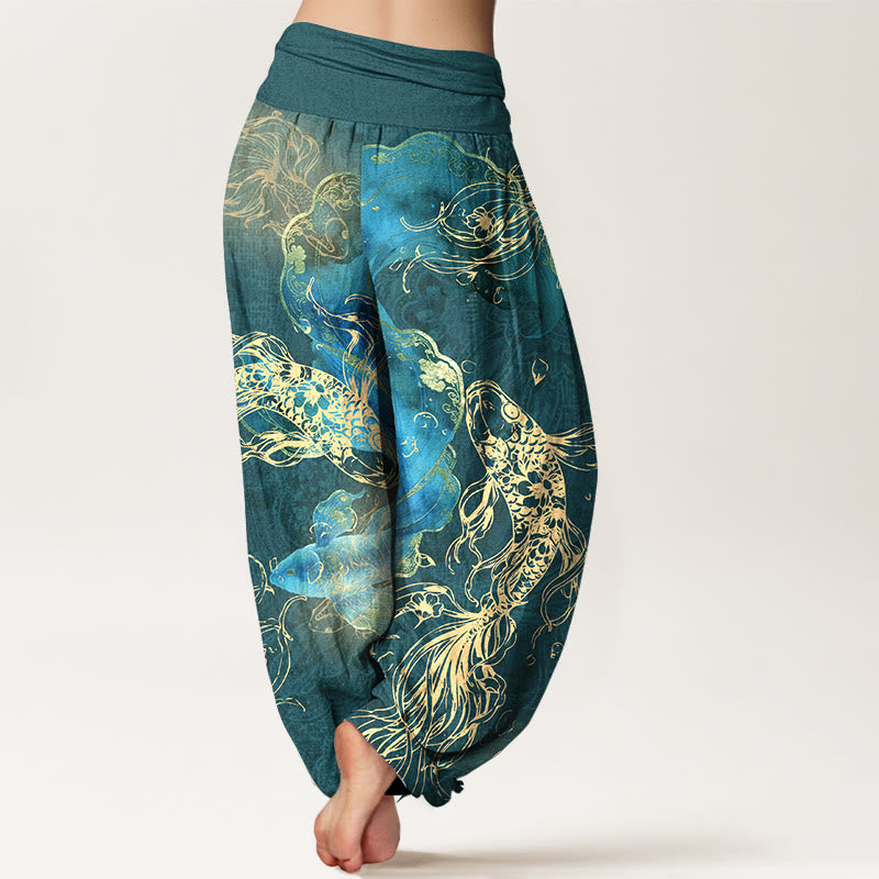 Pantaloni harem da donna con elastico in vita e motivo a pesci koi vivaci in puro cotone Buddha Stones - image 9