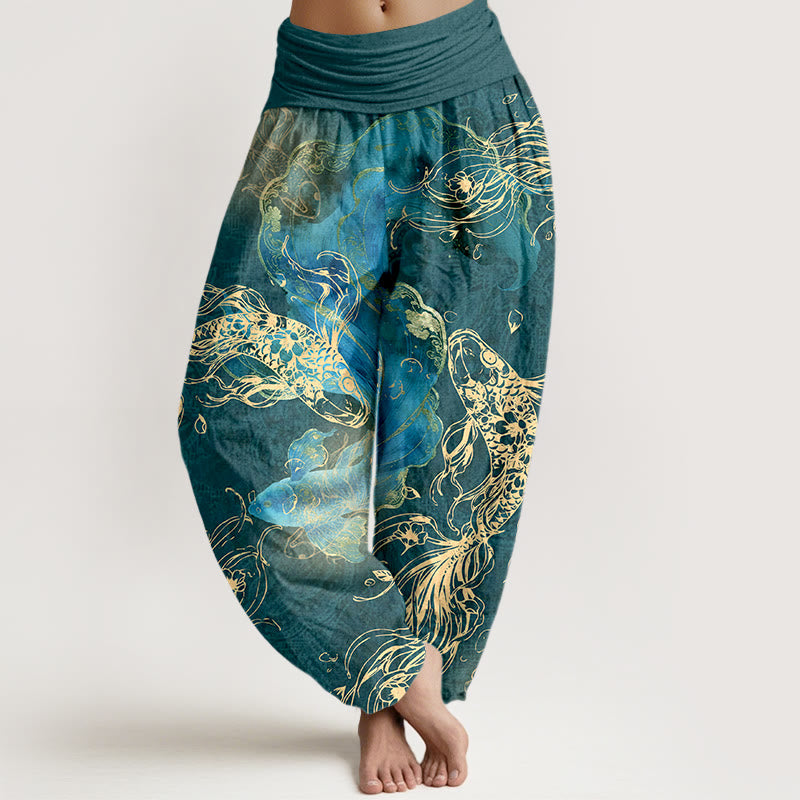 Pantaloni harem da donna con elastico in vita e motivo a pesci koi vivaci in puro cotone Buddha Stones - Verde acqua - US16, UK/AU20, EU48 (3XL) - image 8