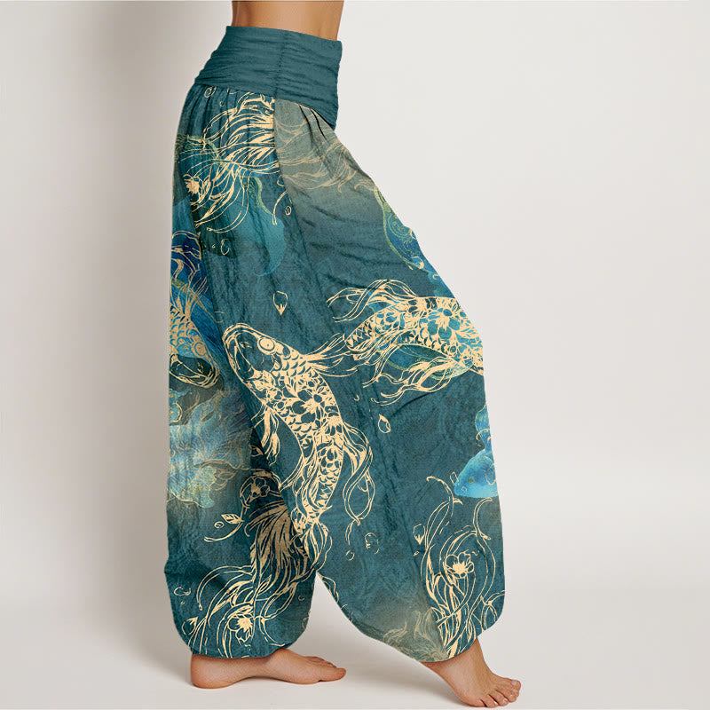 Pantaloni harem da donna con elastico in vita e motivo a pesci koi vivaci in puro cotone Buddha Stones - image 10