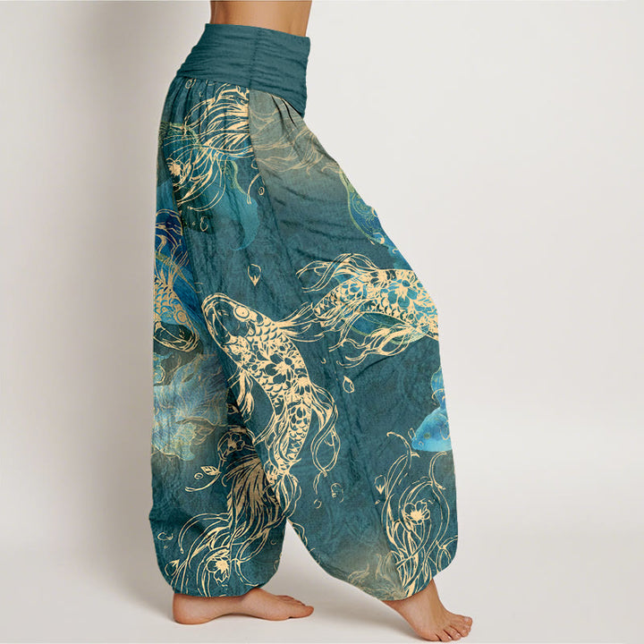 Pantaloni harem da donna con elastico in vita e motivo a pesci koi vivaci in puro cotone Buddha Stones - image 10