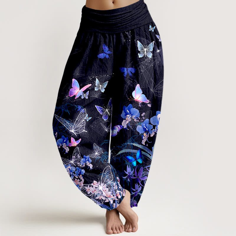 Pantaloni harem da donna con elastico in vita, in puro cotone, con motivo a farfalla, fiore, erba e bambù, effetto sogno Buddha Stones - Nero - US16, UK/AU20, EU48 (3XL) - image 0