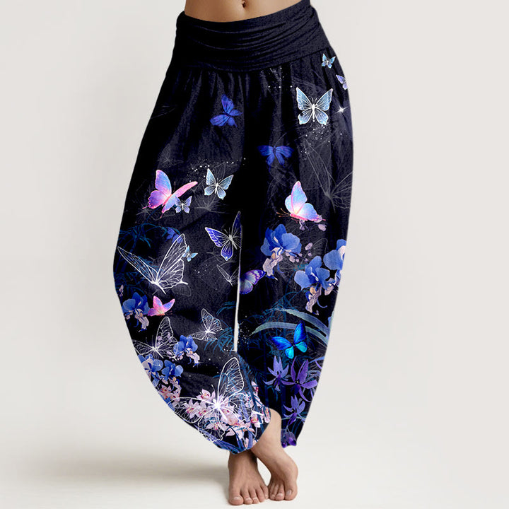 Pantaloni harem da donna con elastico in vita, in puro cotone, con motivo a farfalla, fiore, erba e bambù, effetto sogno Buddha Stones - Nero - US16, UK/AU20, EU48 (3XL) - image 0