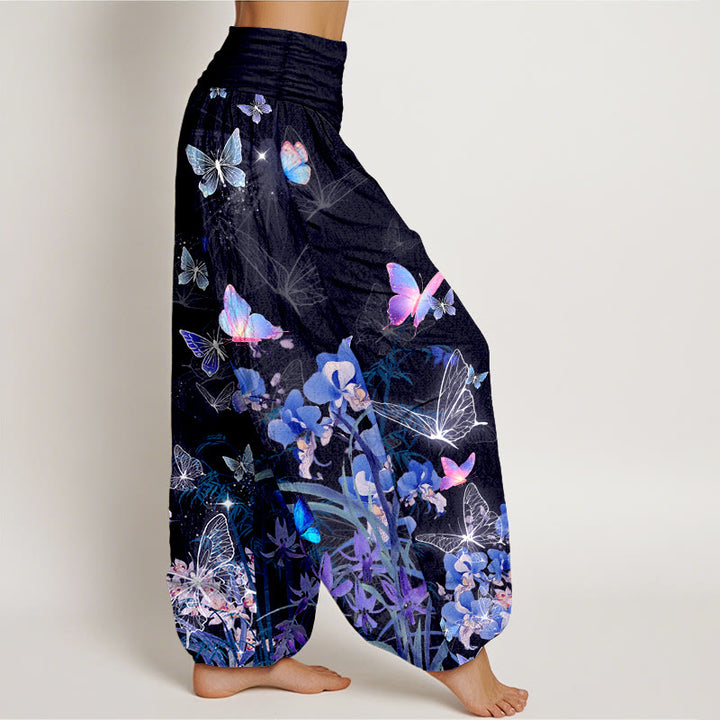 Pantaloni harem da donna con elastico in vita, in puro cotone, con motivo a farfalla, fiore, erba e bambù, effetto sogno Buddha Stones - image 2