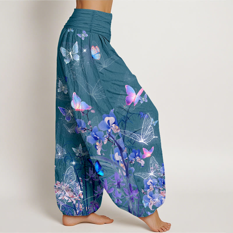 Pantaloni harem da donna con elastico in vita, in puro cotone, con motivo a farfalla, fiore, erba e bambù, effetto sogno Buddha Stones - image 7