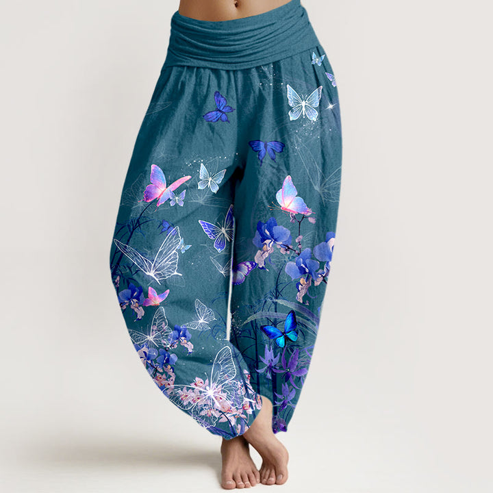 Pantaloni harem da donna con elastico in vita, in puro cotone, con motivo a farfalla, fiore, erba e bambù, effetto sogno Buddha Stones - Verde acqua - US16, UK/AU20, EU48 (3XL) - image 5