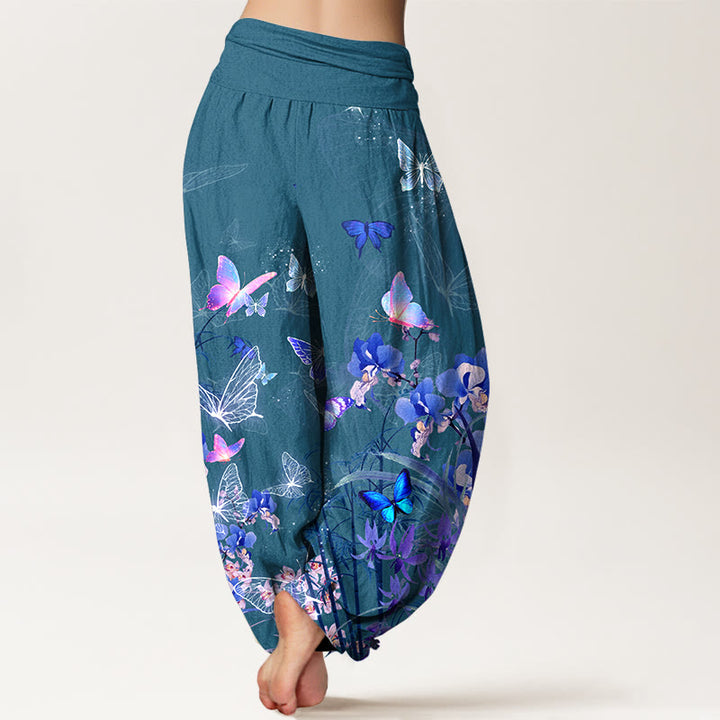 Pantaloni harem da donna con elastico in vita, in puro cotone, con motivo a farfalla, fiore, erba e bambù, effetto sogno Buddha Stones - image 6