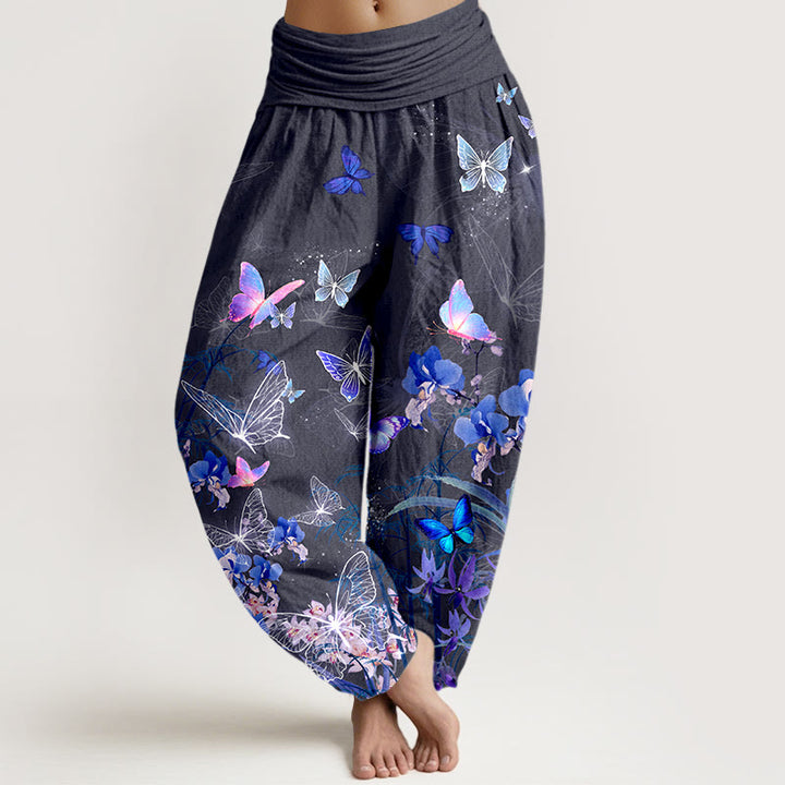 Pantaloni harem da donna con elastico in vita, in puro cotone, con motivo a farfalla, fiore, erba e bambù, effetto sogno Buddha Stones - Grigio - US16, UK/AU20, EU48 (3XL) - image 8
