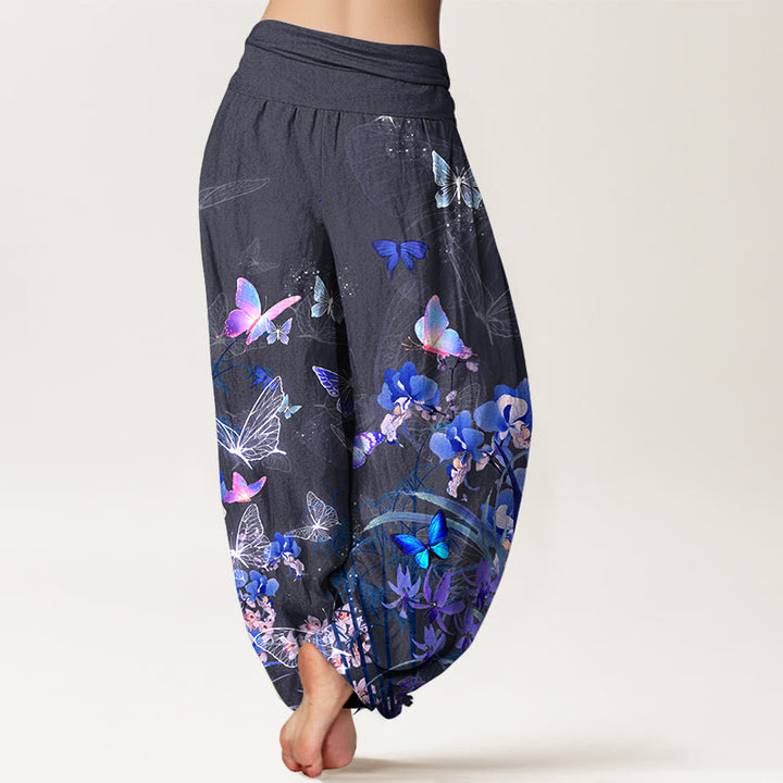 Pantaloni harem da donna con elastico in vita, in puro cotone, con motivo a farfalla, fiore, erba e bambù, effetto sogno Buddha Stones - image 9