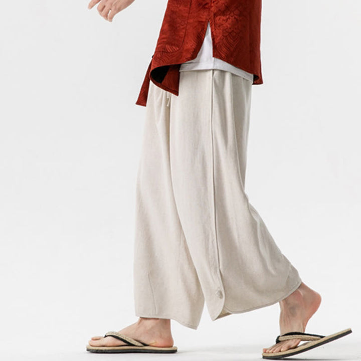 Pantaloni da uomo in lino e cotone con coulisse, lunghezza 7-8, con tasche, modello Buddha Stones Summer Plain - image 3