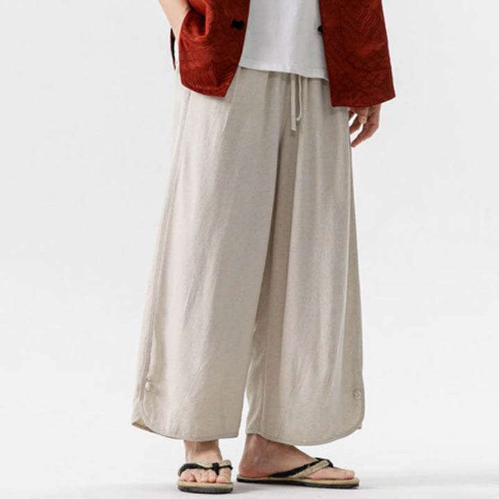 Pantaloni da uomo in lino e cotone con coulisse, lunghezza 7-8, con tasche, modello Buddha Stones Summer Plain - image 7