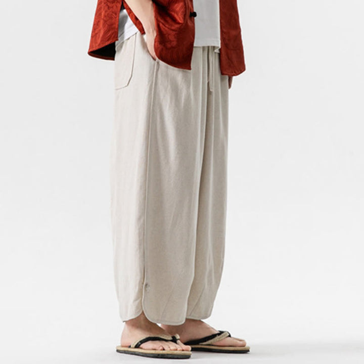 Pantaloni da uomo in lino e cotone con coulisse, lunghezza 7-8, con tasche, modello Buddha Stones Summer Plain - image 5