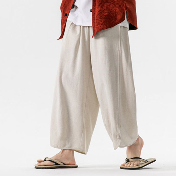 Pantaloni da uomo in lino e cotone con coulisse, lunghezza 7-8, con tasche, modello Buddha Stones Summer Plain - image 2