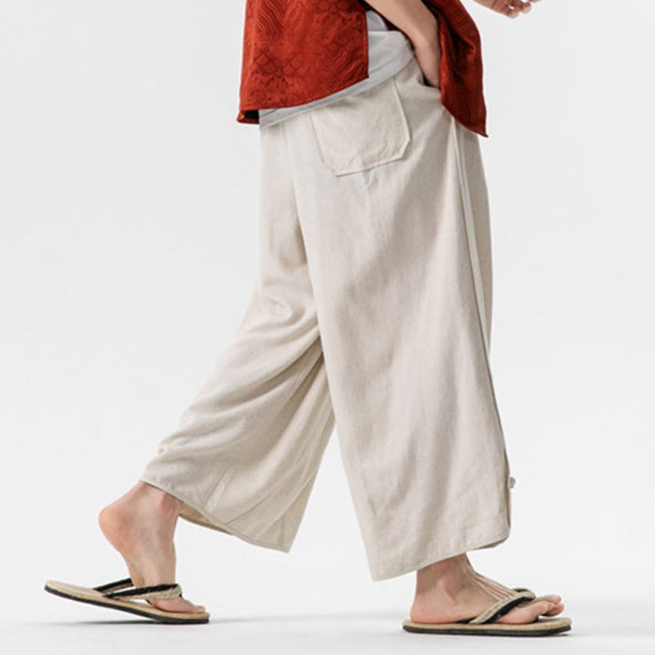 Pantaloni da uomo in lino e cotone con coulisse, lunghezza 7-8, con tasche, modello Buddha Stones Summer Plain - image 6