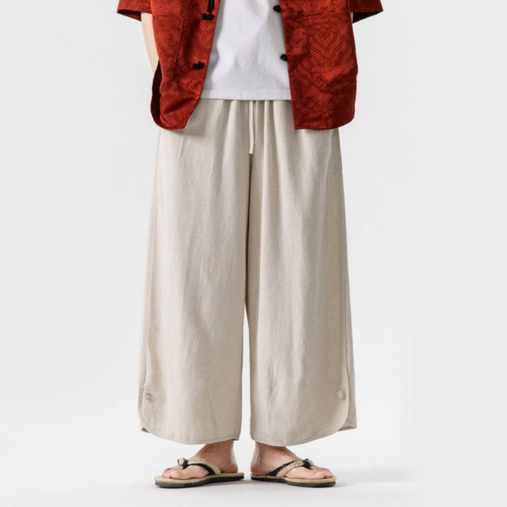 Pantaloni da uomo in lino e cotone con coulisse, lunghezza 7-8, con tasche, modello Buddha Stones Summer Plain - Beige - US/UK/AU46, EU56 (5XL) - image 1