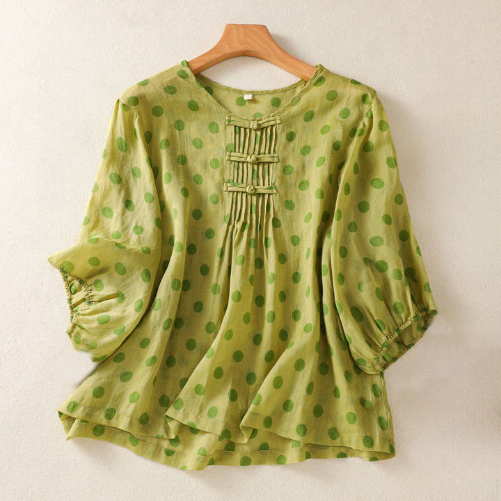 Camicia da donna in poliestere con maniche lunghe e scollo rotondo a pois, motivo Buddha Stones Fall  - GialloVerde - US12, UK/AU16, EU44 (2XL) - image 7