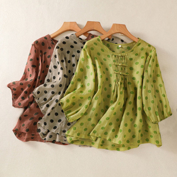 Camicia da donna in poliestere con maniche lunghe e scollo rotondo a pois, motivo Buddha Stones Fall  - image 27