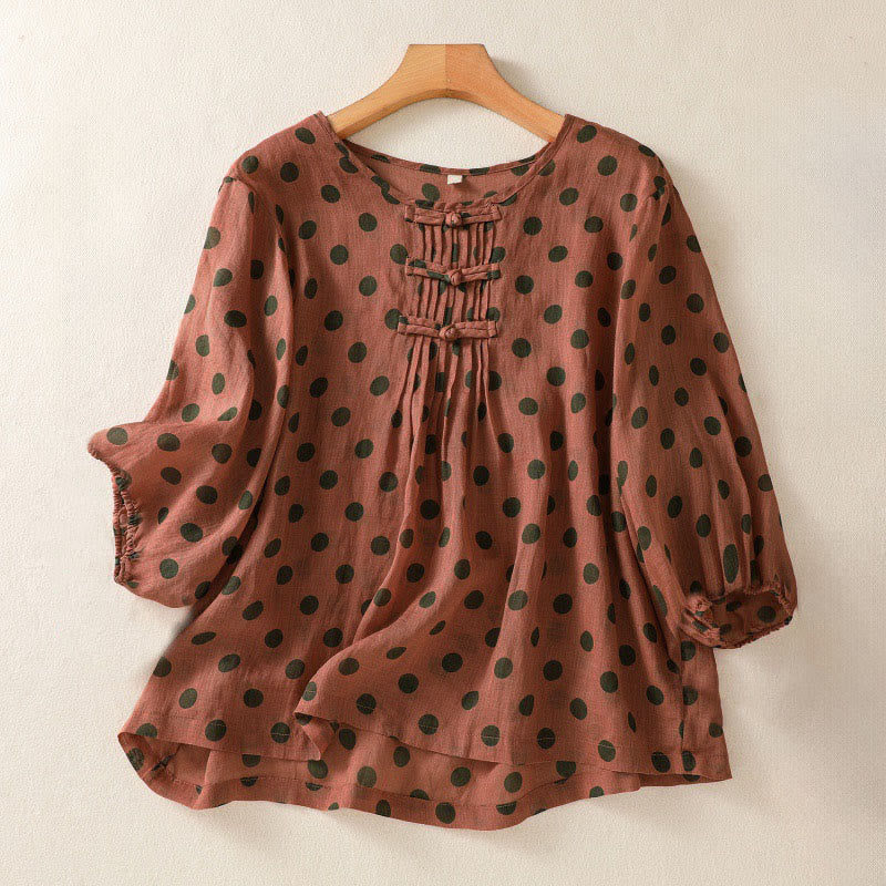 Camicia da donna in poliestere con maniche lunghe e scollo rotondo a pois, motivo Buddha Stones Fall  - Mattoni refrattari - US12, UK/AU16, EU44 (2XL) - image 0