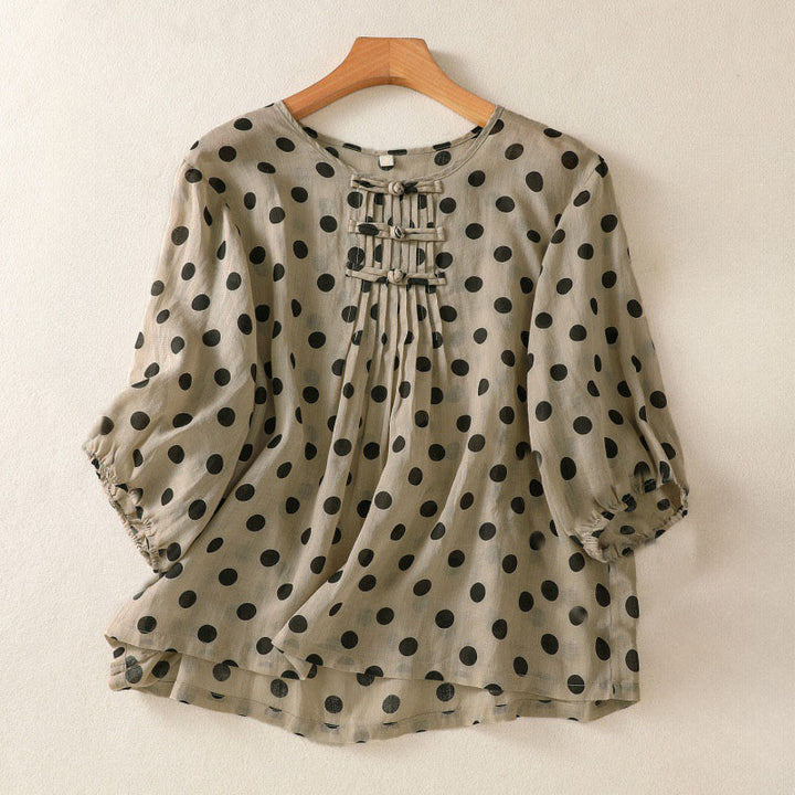Camicia da donna in poliestere con maniche lunghe e scollo rotondo a pois, motivo Buddha Stones Fall  - Tan - US12, UK/AU16, EU44 (2XL) - image 15
