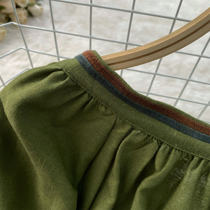 Maglietta casual da donna in cotone e lino con scollo rotondo e motivo a fiori e foglie con ricamo Buddha Stones  - image 9