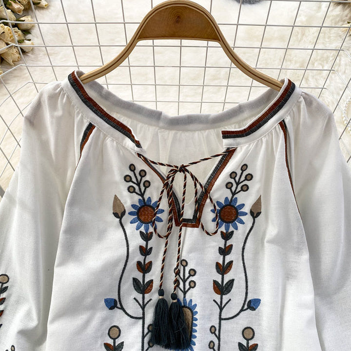Maglietta casual da donna in cotone e lino con scollo rotondo e motivo a fiori e foglie con ricamo Buddha Stones  - image 12