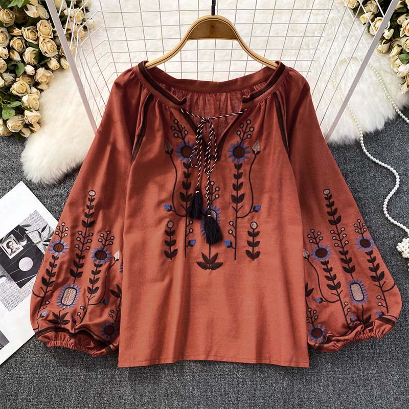 Maglietta casual da donna in cotone e lino con scollo rotondo e motivo a fiori e foglie con ricamo Buddha Stones  - Pomodoro - US4, UK/AU8, EU36-38 (F) - image 17