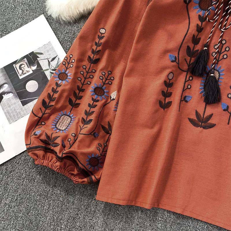 Maglietta casual da donna in cotone e lino con scollo rotondo e motivo a fiori e foglie con ricamo Buddha Stones  - image 20