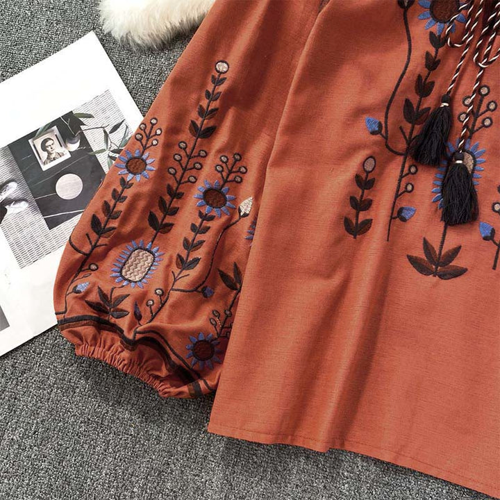 Maglietta casual da donna in cotone e lino con scollo rotondo e motivo a fiori e foglie con ricamo Buddha Stones  - image 20