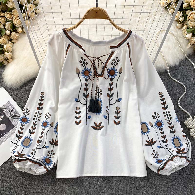 Maglietta casual da donna in cotone e lino con scollo rotondo e motivo a fiori e foglie con ricamo Buddha Stones  - Bianco - US4, UK/AU8, EU36-38 (F) - image 11