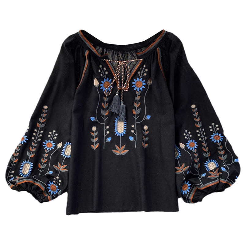Maglietta casual da donna in cotone e lino con scollo rotondo e motivo a fiori e foglie con ricamo Buddha Stones  - image 16