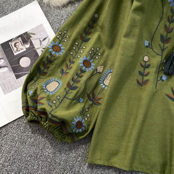 Maglietta casual da donna in cotone e lino con scollo rotondo e motivo a fiori e foglie con ricamo Buddha Stones  - image 5