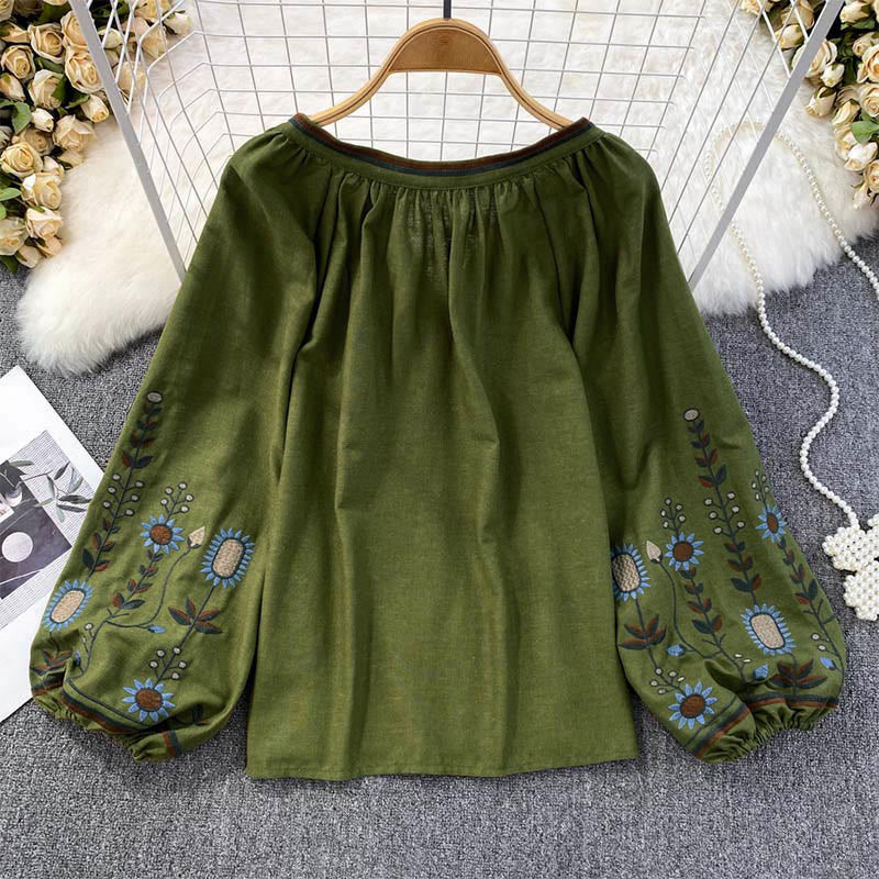 Maglietta casual da donna in cotone e lino con scollo rotondo e motivo a fiori e foglie con ricamo Buddha Stones  - image 1
