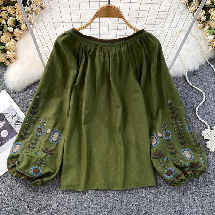 Maglietta casual da donna in cotone e lino con scollo rotondo e motivo a fiori e foglie con ricamo Buddha Stones  - image 1