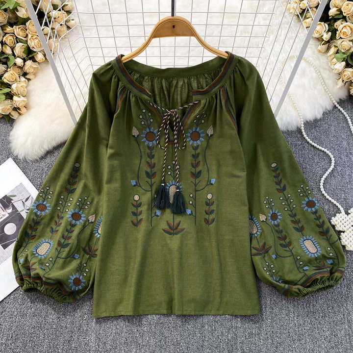 Maglietta casual da donna in cotone e lino con scollo rotondo e motivo a fiori e foglie con ricamo Buddha Stones  - Verde scuro - US4, UK/AU8, EU36-38 (F) - image 0