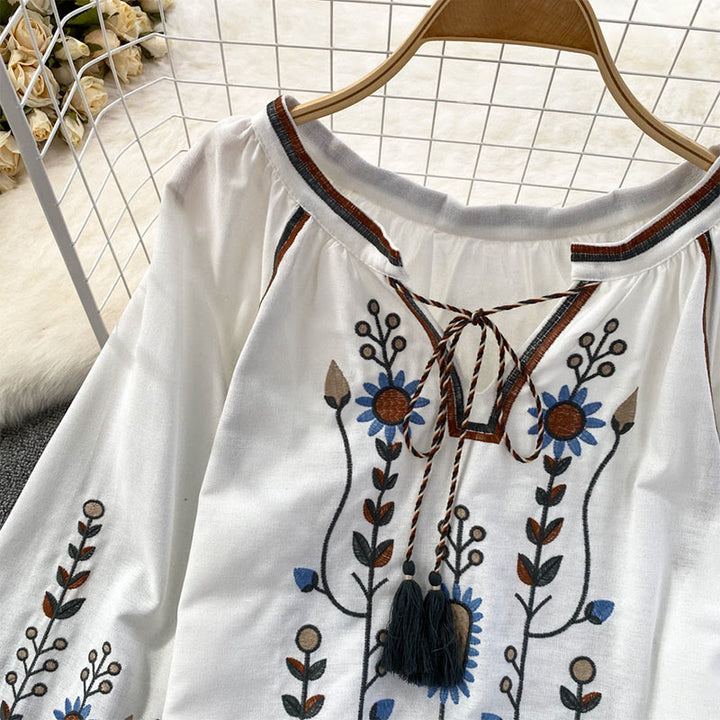 Maglietta casual da donna in cotone e lino con scollo rotondo e motivo a fiori e foglie con ricamo Buddha Stones  - image 14