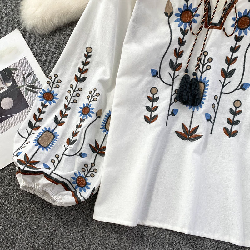 Maglietta casual da donna in cotone e lino con scollo rotondo e motivo a fiori e foglie con ricamo Buddha Stones  - image 13