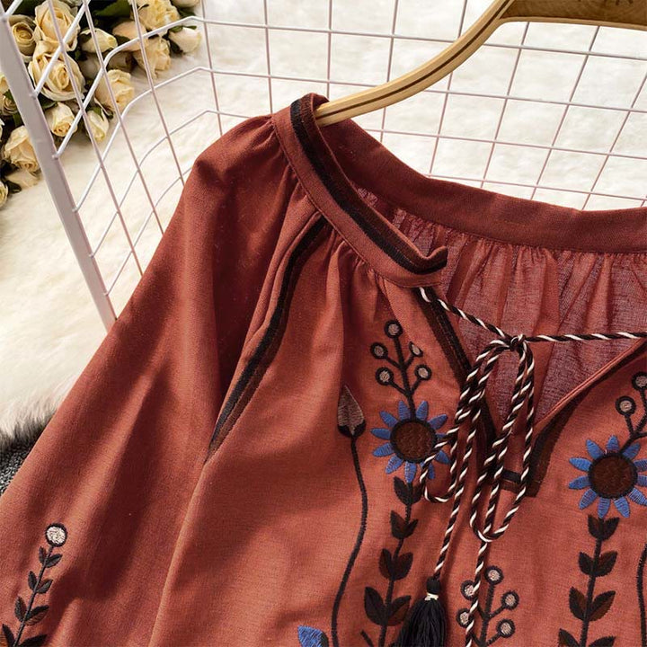 Maglietta casual da donna in cotone e lino con scollo rotondo e motivo a fiori e foglie con ricamo Buddha Stones  - image 19