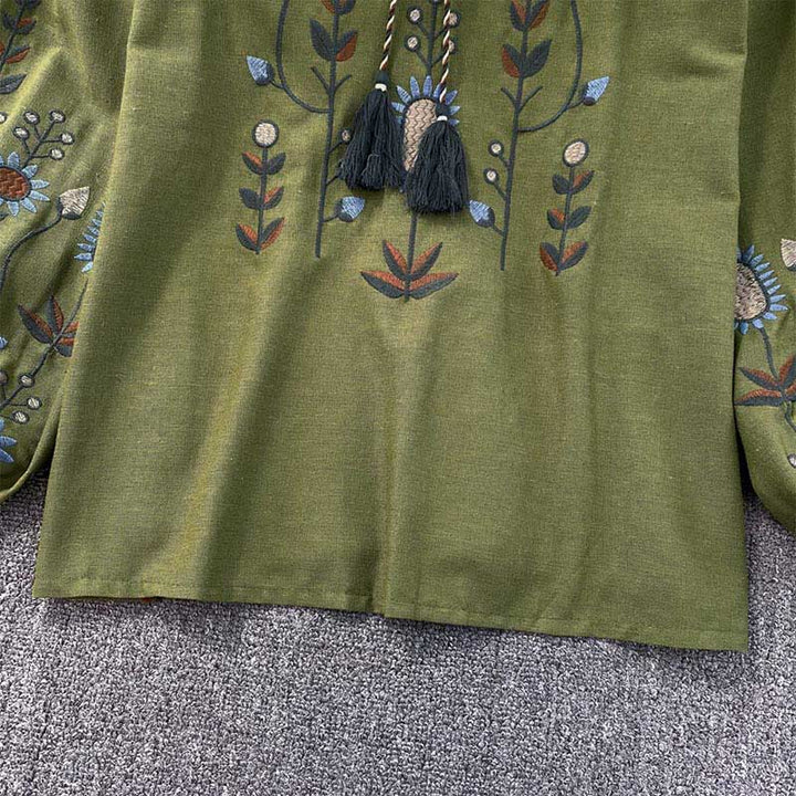 Maglietta casual da donna in cotone e lino con scollo rotondo e motivo a fiori e foglie con ricamo Buddha Stones  - image 7