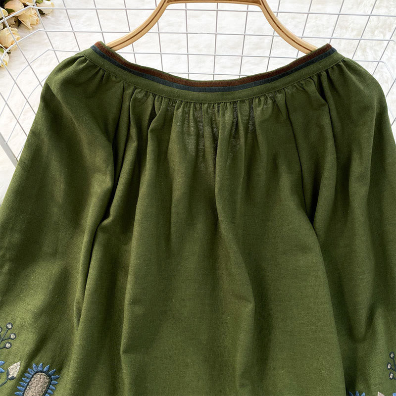 Maglietta casual da donna in cotone e lino con scollo rotondo e motivo a fiori e foglie con ricamo Buddha Stones  - image 10