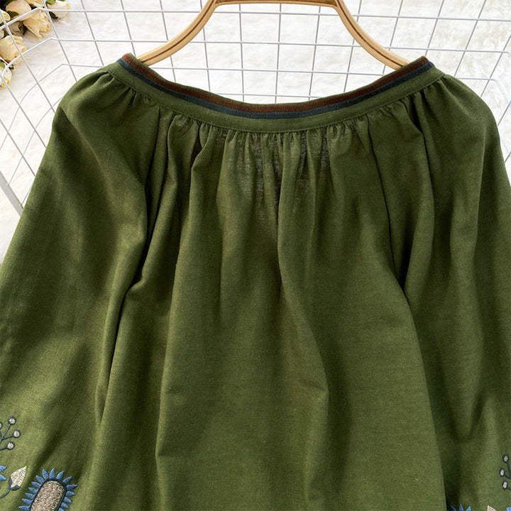 Maglietta casual da donna in cotone e lino con scollo rotondo e motivo a fiori e foglie con ricamo Buddha Stones  - image 10