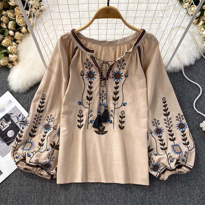Maglietta casual da donna in cotone e lino con scollo rotondo e motivo a fiori e foglie con ricamo Buddha Stones  - Legno robusto - US4, UK/AU8, EU36-38 (F) - image 21