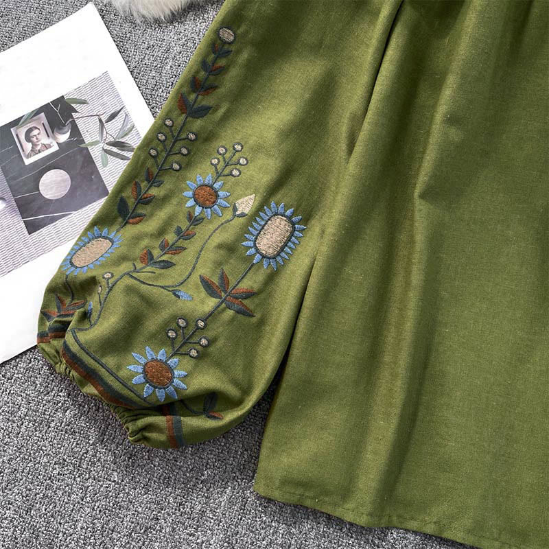 Maglietta casual da donna in cotone e lino con scollo rotondo e motivo a fiori e foglie con ricamo Buddha Stones  - image 8