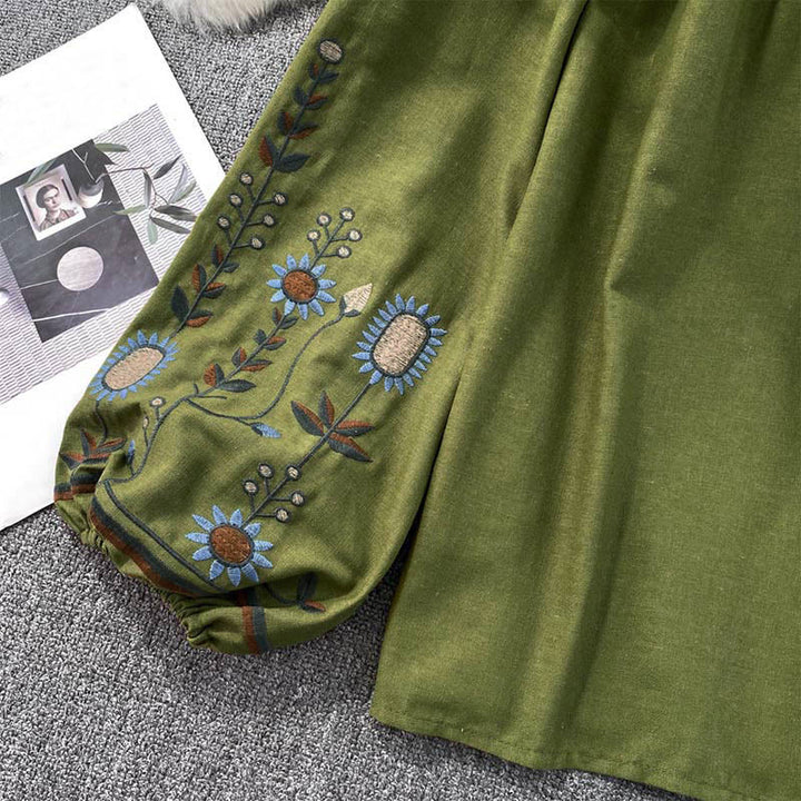 Maglietta casual da donna in cotone e lino con scollo rotondo e motivo a fiori e foglie con ricamo Buddha Stones  - image 8