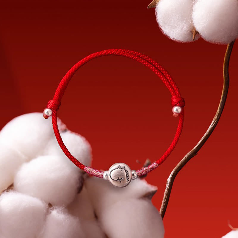 Bracciale portafortuna in corda rossa in argento sterling 999 Buddha Stones, anno del cavallo - image 3