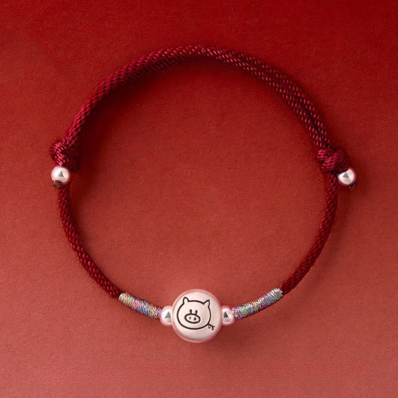 Bracciale portafortuna in corda rossa in argento sterling 999 Buddha Stones, anno del cavallo - Stringa rosso scuro di maiale (circonferenza del polso: 14-18 cm) - image 36
