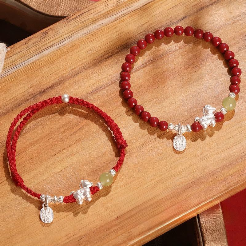 Braccialetto di concentrazione in argento sterling 999 con cordino rosso, giada Hetian, cinabro e Buddha Stones dell'anno del cavallo - Set combinato (circonferenza del polso: 14-15 cm) - image 0