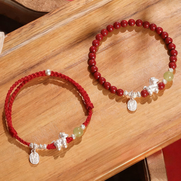 Braccialetto di concentrazione in argento sterling 999 con cordino rosso, giada Hetian, cinabro e Buddha Stones dell'anno del cavallo - Set combinato (circonferenza del polso: 14-15 cm) - image 0