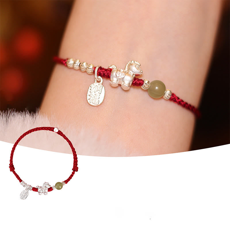 Braccialetto di concentrazione in argento sterling 999 con cordino rosso, giada Hetian, cinabro e Buddha Stones dell'anno del cavallo - Cavallo di giada Hetian in argento sterling 999 (circonferenza del polso: 14-15 cm) - image 14