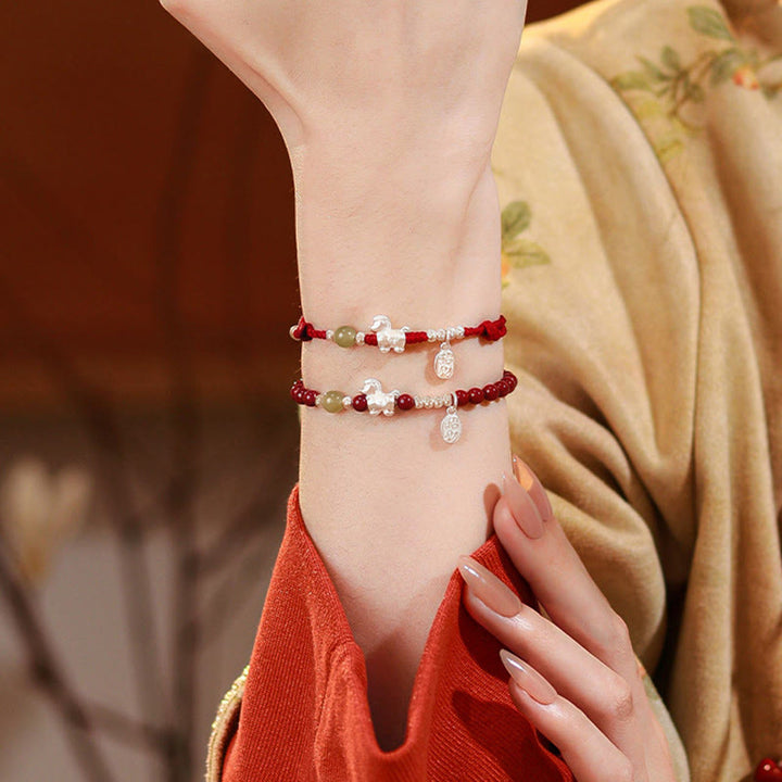 Braccialetto di concentrazione in argento sterling 999 con cordino rosso, giada Hetian, cinabro e Buddha Stones dell'anno del cavallo - image 18